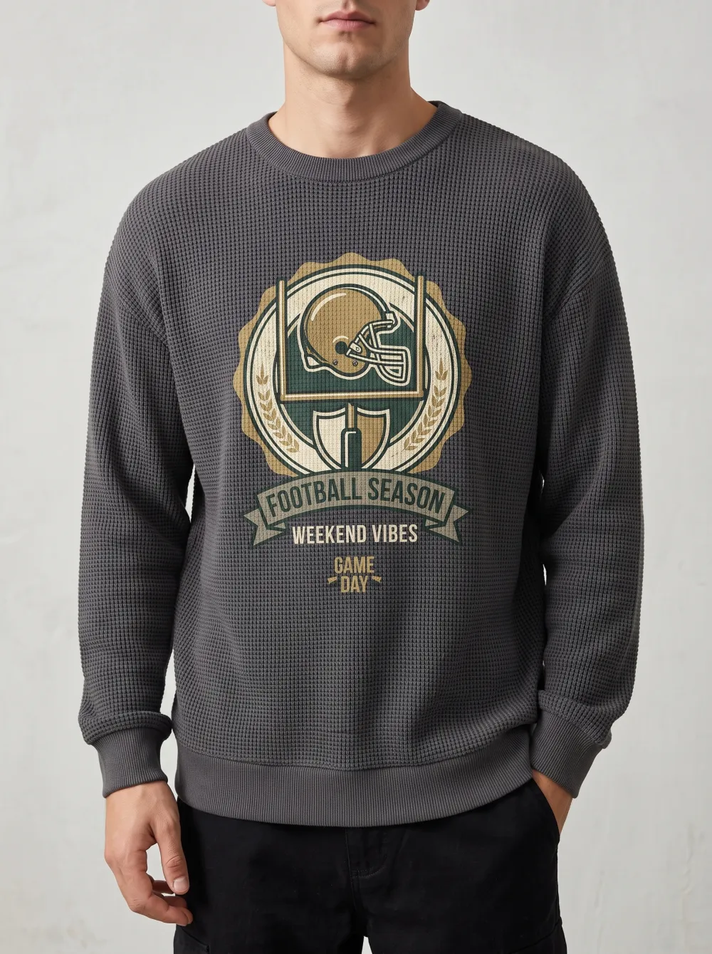 Men's Football Season Helmet Graphic Printed Waffle Sweatshirt