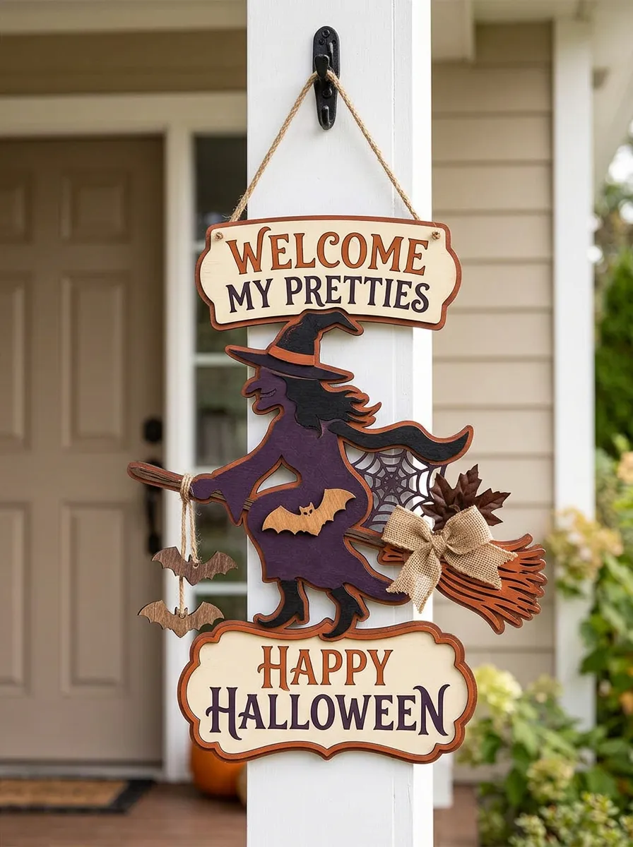 Halloween Witch Welcome My Pretties Hanging Door Sign