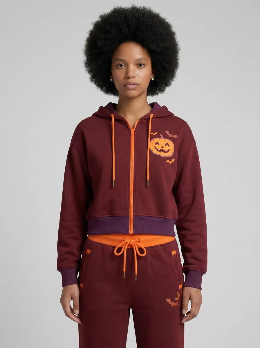 Women's Halloween Pumpkin Bat Printed Zip-up Hoodie Jogger Set