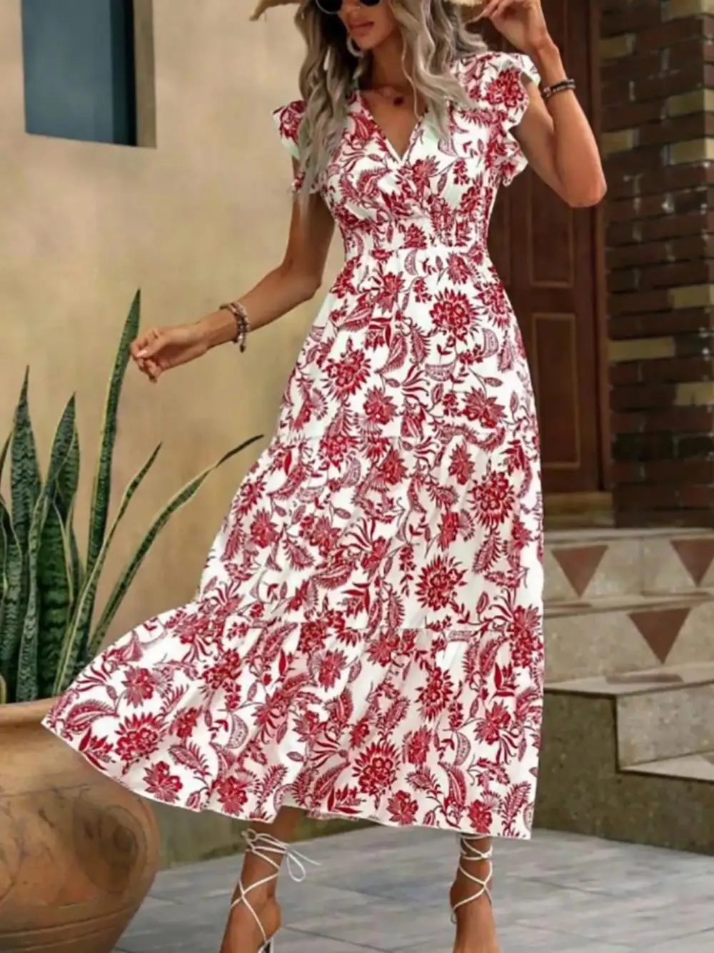 Ruffle Ruffle Sleeve Midi Dress