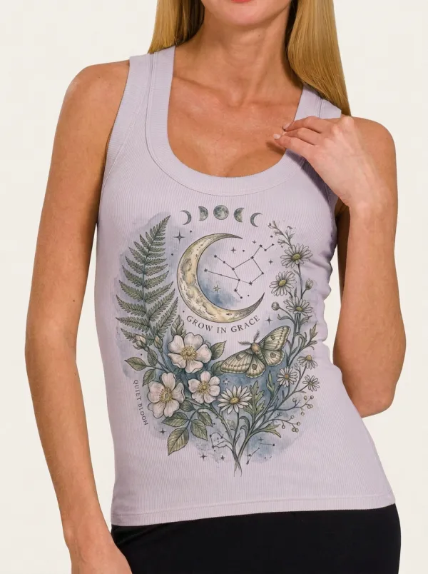 Women's Celestial Floral Moon Moth Printed Ribbed Tank Top