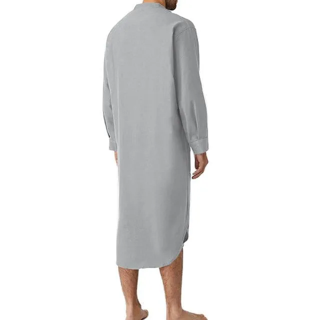Men's Long Loose Shirt With Stand-up Collar Chest Pocket And Curved Hem