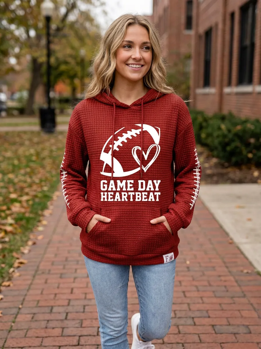 Women's Football Lover Game Day Heartbeat Printed Hoodie