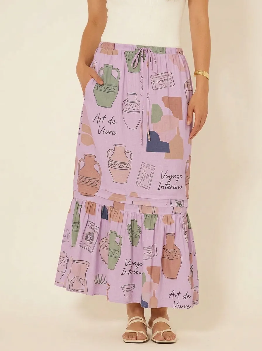 Women's Art Lover Vintage Vase Motif Printed Midi Skirt