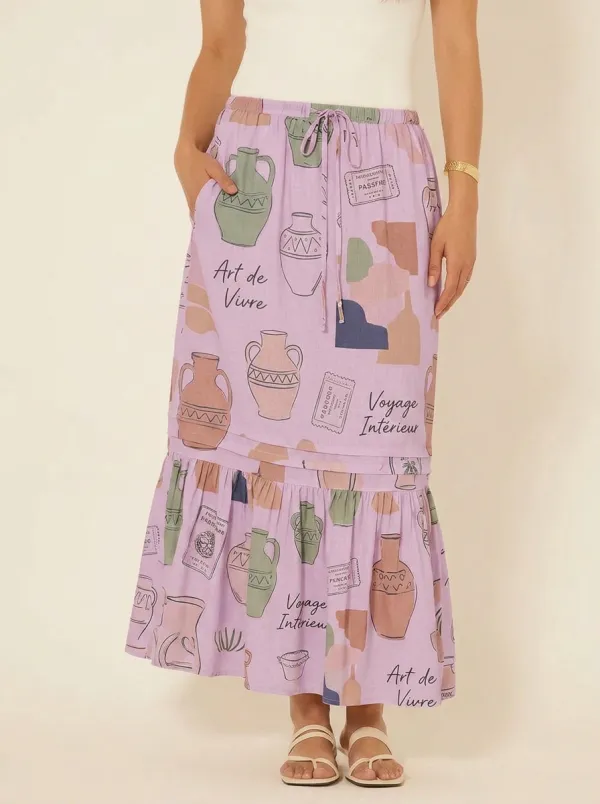 Women's Art Lover Vintage Vase Motif Printed Midi Skirt