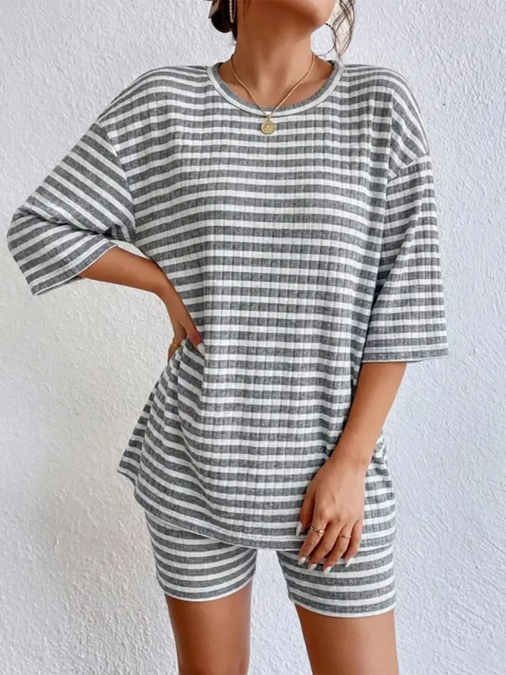 Striped Round Neck Top Shorts Set
