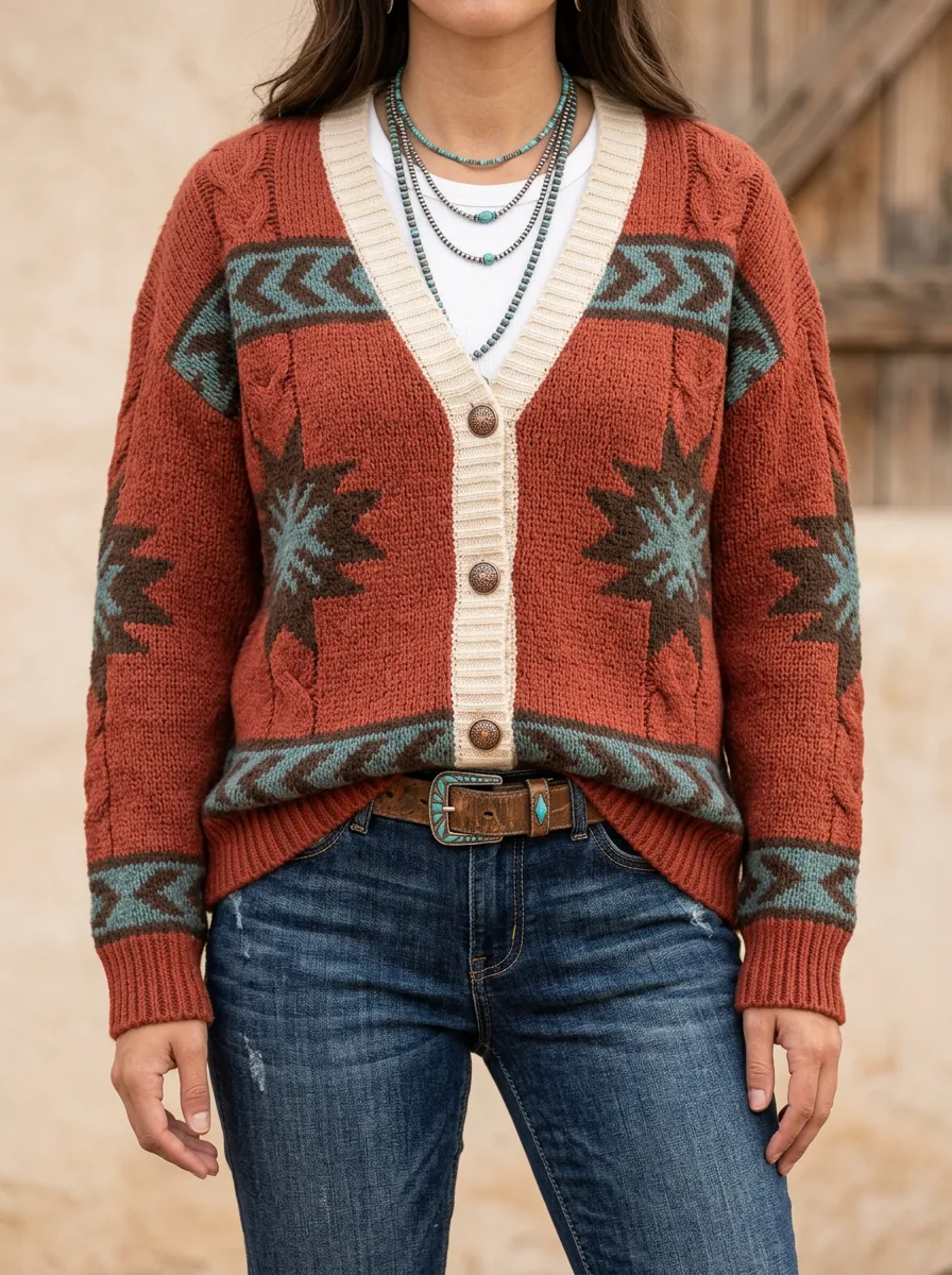Women's Western B3 Aztec Star Pattern Knitted Cardigan