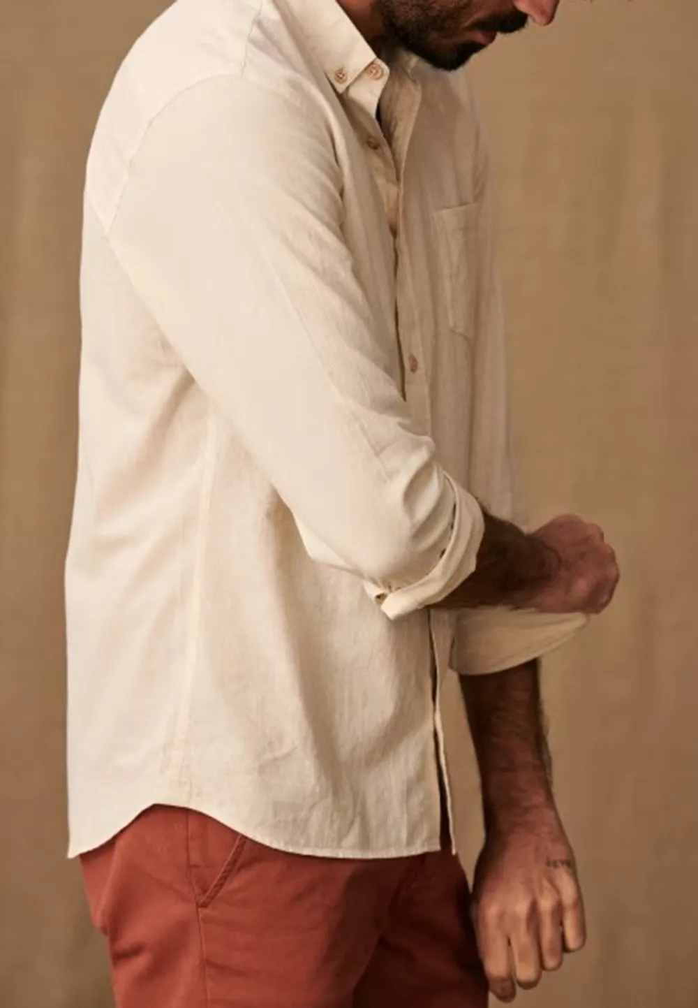Beige Neutral Cotton Linen Blend Button Down Shirt