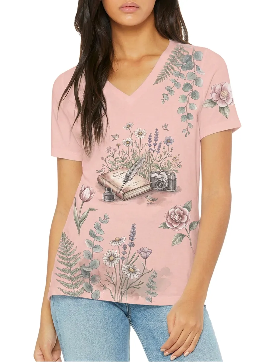 Women's Book Lover Vintage Camera Floral Printed V-neck T-shirt