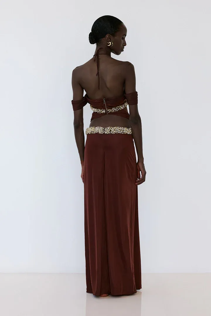 Esme Brown Halter Ruched Maxi Dress