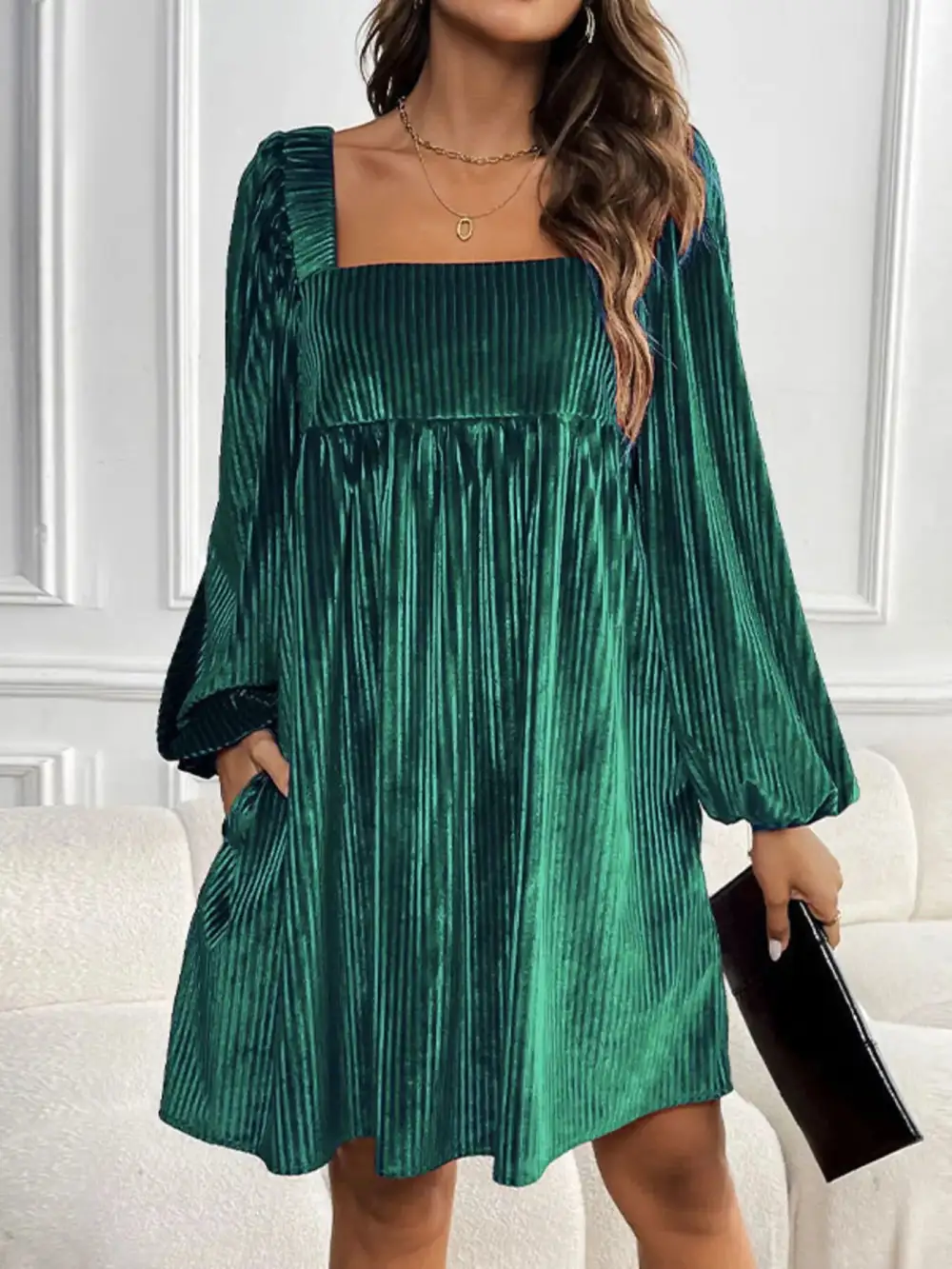 Square Neck Long Sleeve Casual Dress