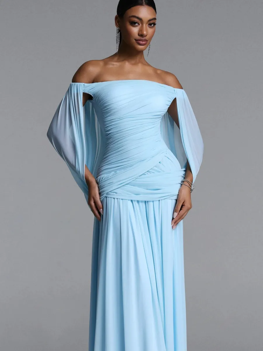 Chloe Off-the-Shoulder Ruched Chiffon Maxi Dress In Blue