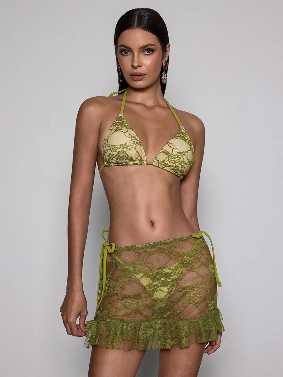 Nayeli Lace Ruffle Bikini Three Piece Set