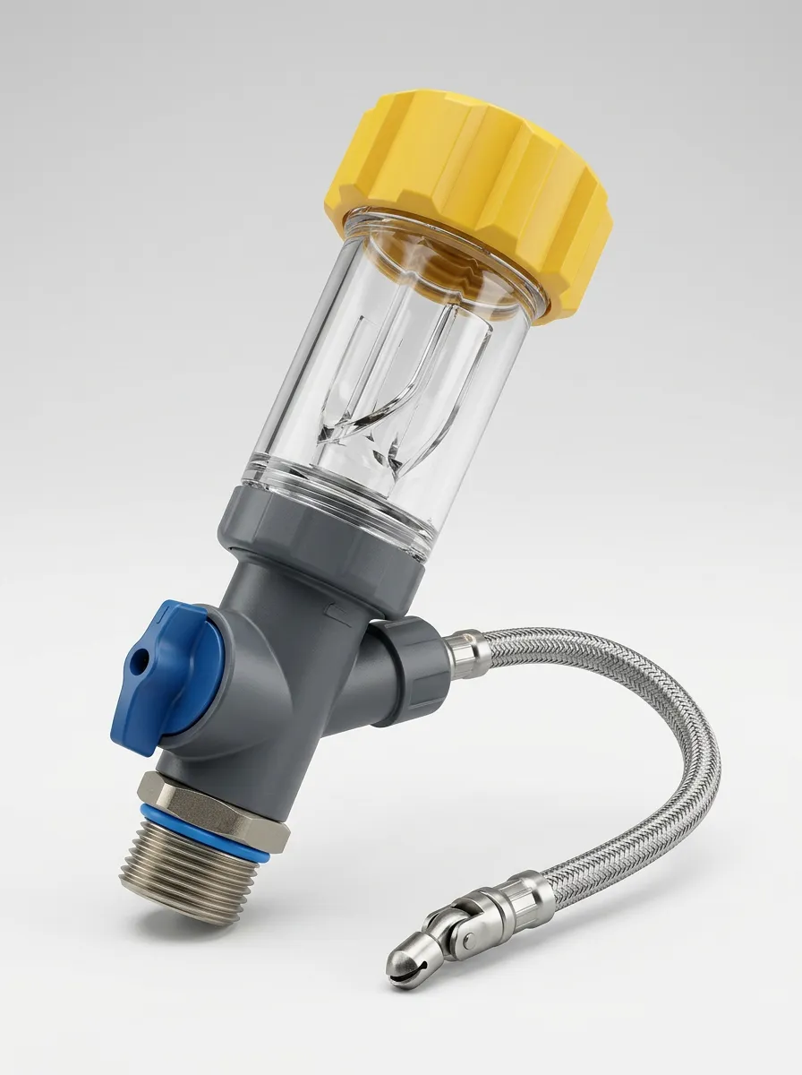 Braided-Hose Water Heater Flush Filter with Clear Housing
