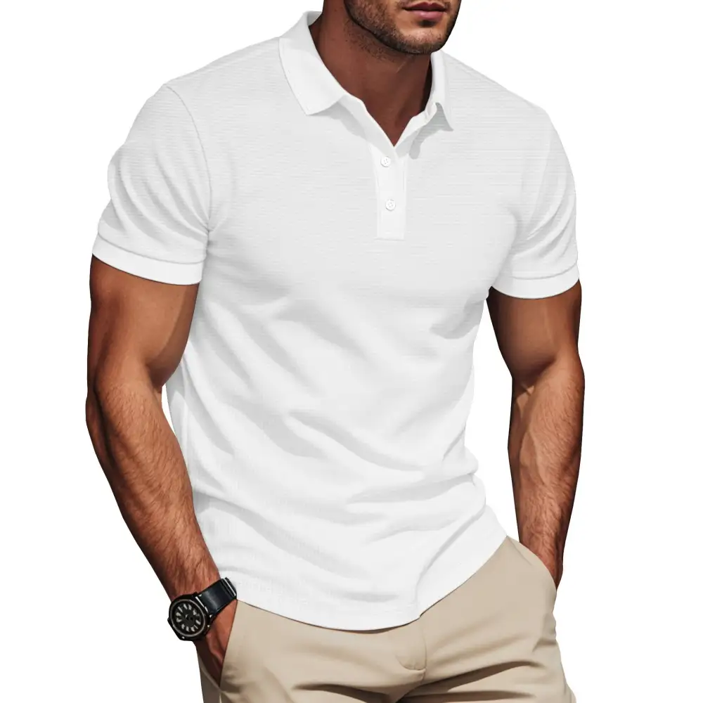 Waffle Texture Button Placket Fitted Polo Shirt