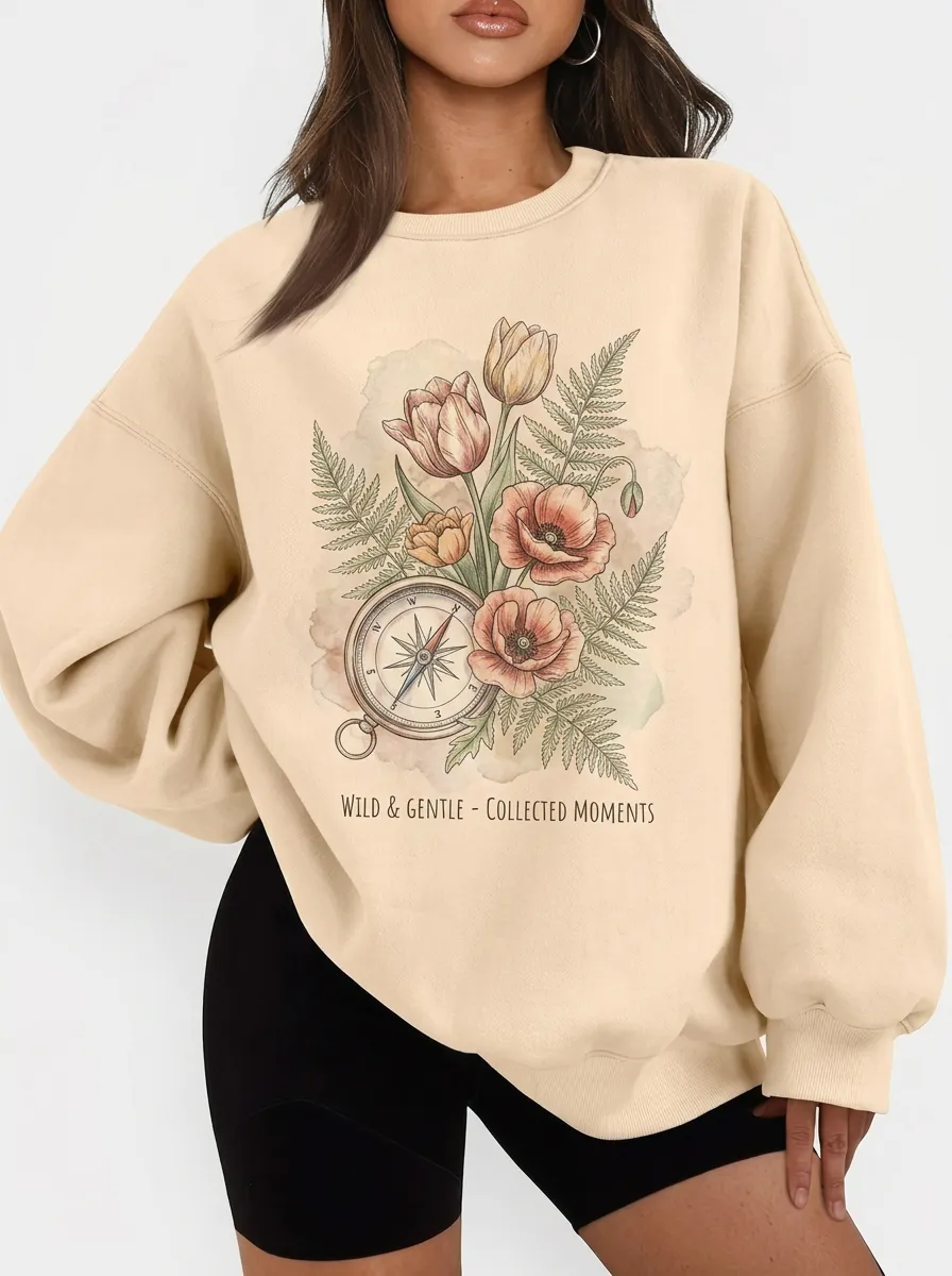 Women's Travel Nature Lover Compass Floral Printed Sweatshirt