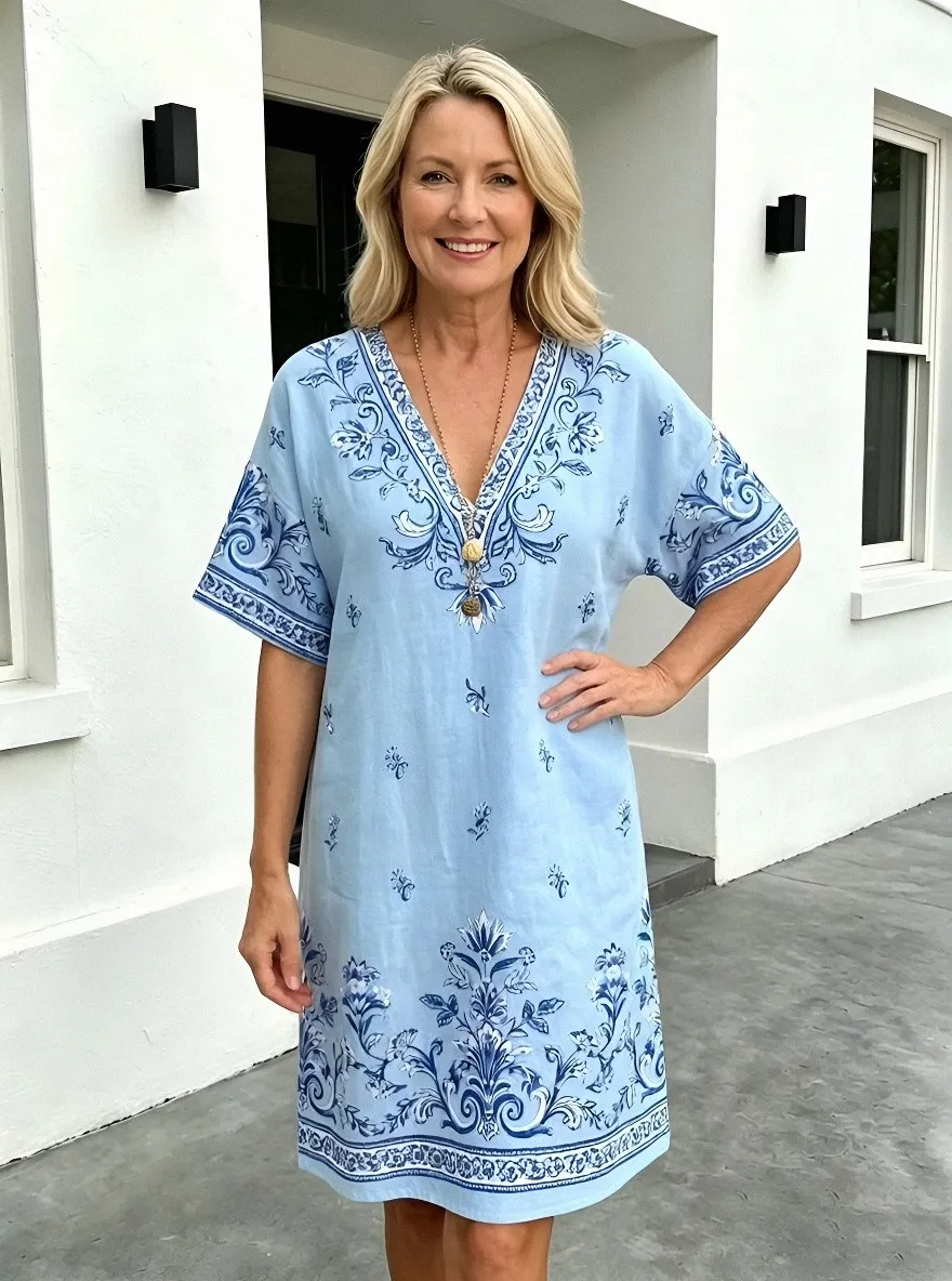 Women's Summer Vacation Blue Floral Pattern Printed Dress