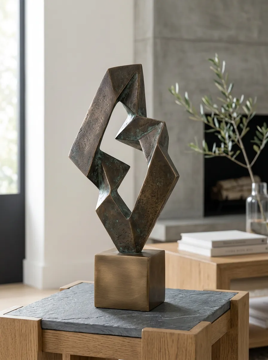 Modern Home Decor Abstract Geometric Bronze Patina Table Sculpture