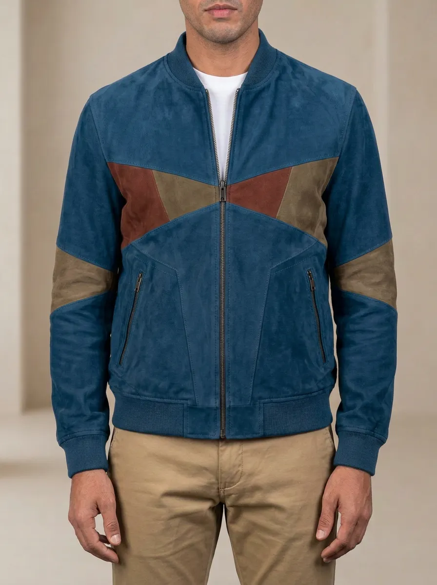 Colorblock Suede Bomber Zip Jacket