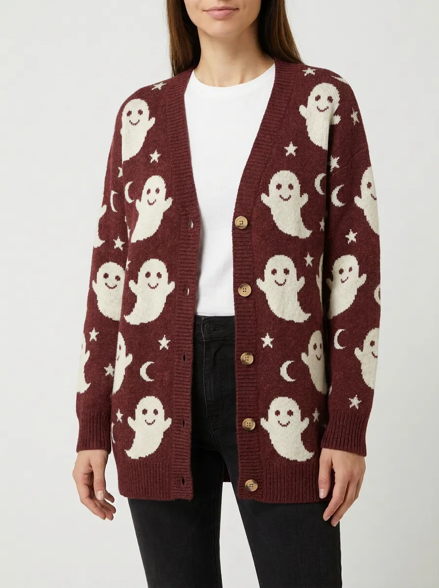 Women's Halloween Ghost Moon Star Patterned Knit Cardigan