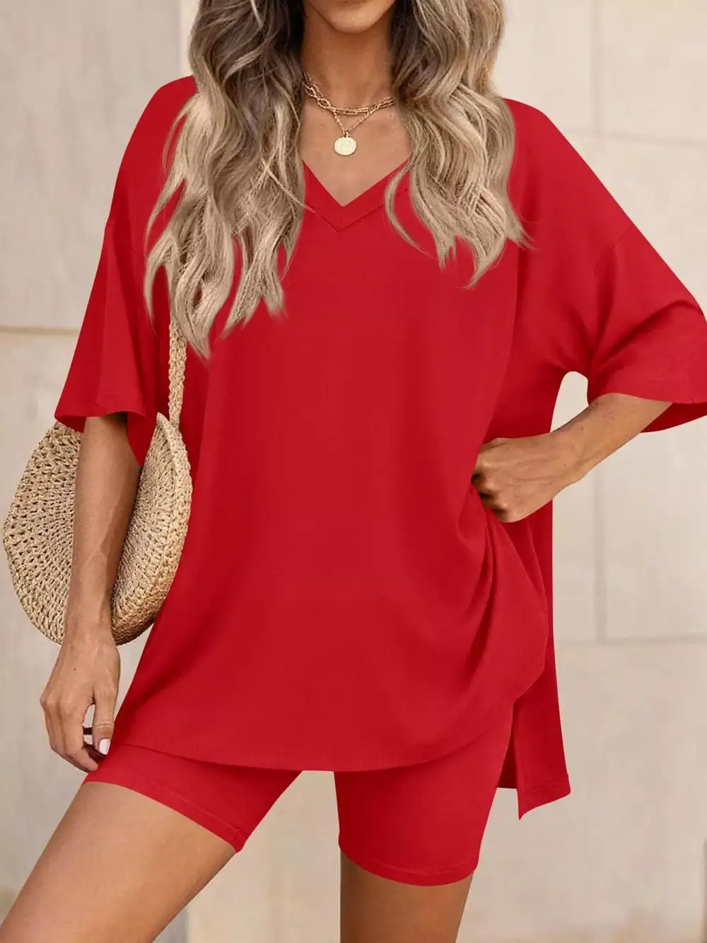 Casual Loose V Neck T Shirt Shorts Sets
