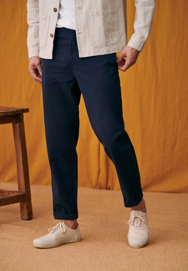 Navy Seersucker Drawstring Waist Casual Trousers