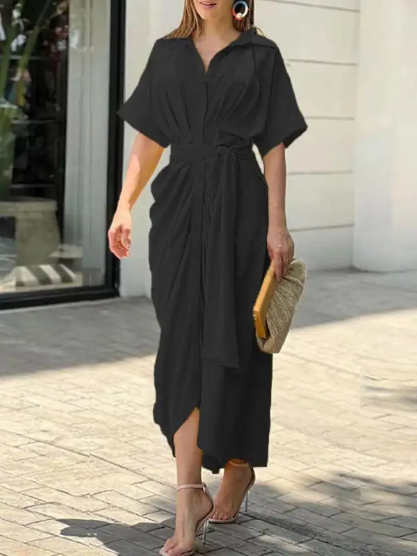 Elasticated Pleated Buttoned Shirt Maxi Dress