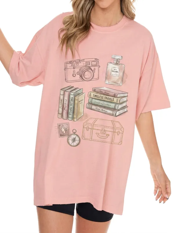 Women's Travel Lover Camera Books Perfume Printed T-shirt
