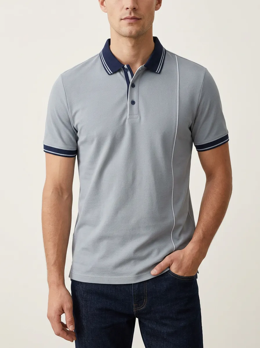 Men's Knit Striped Contrast-Piping Contrast-Trim Running Graphic Polo Shirt