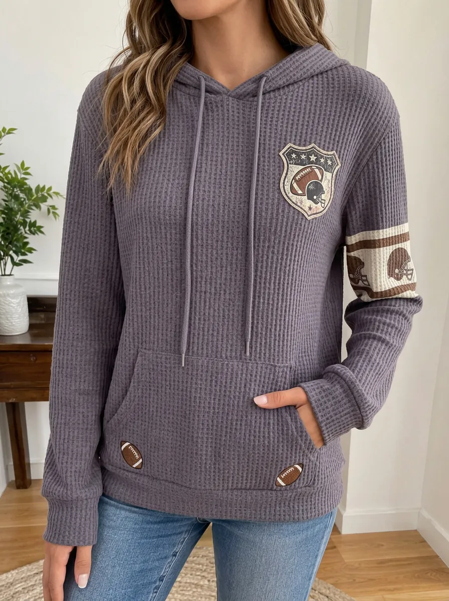 Women's Football Fan Helmet Patch Printed Waffle Knit Hoodie