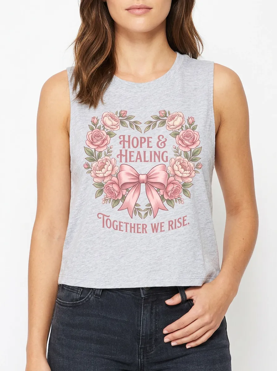 Women's Breast Cancer Awareness Floral Heart Ribbon Printed Muscle Tank Top