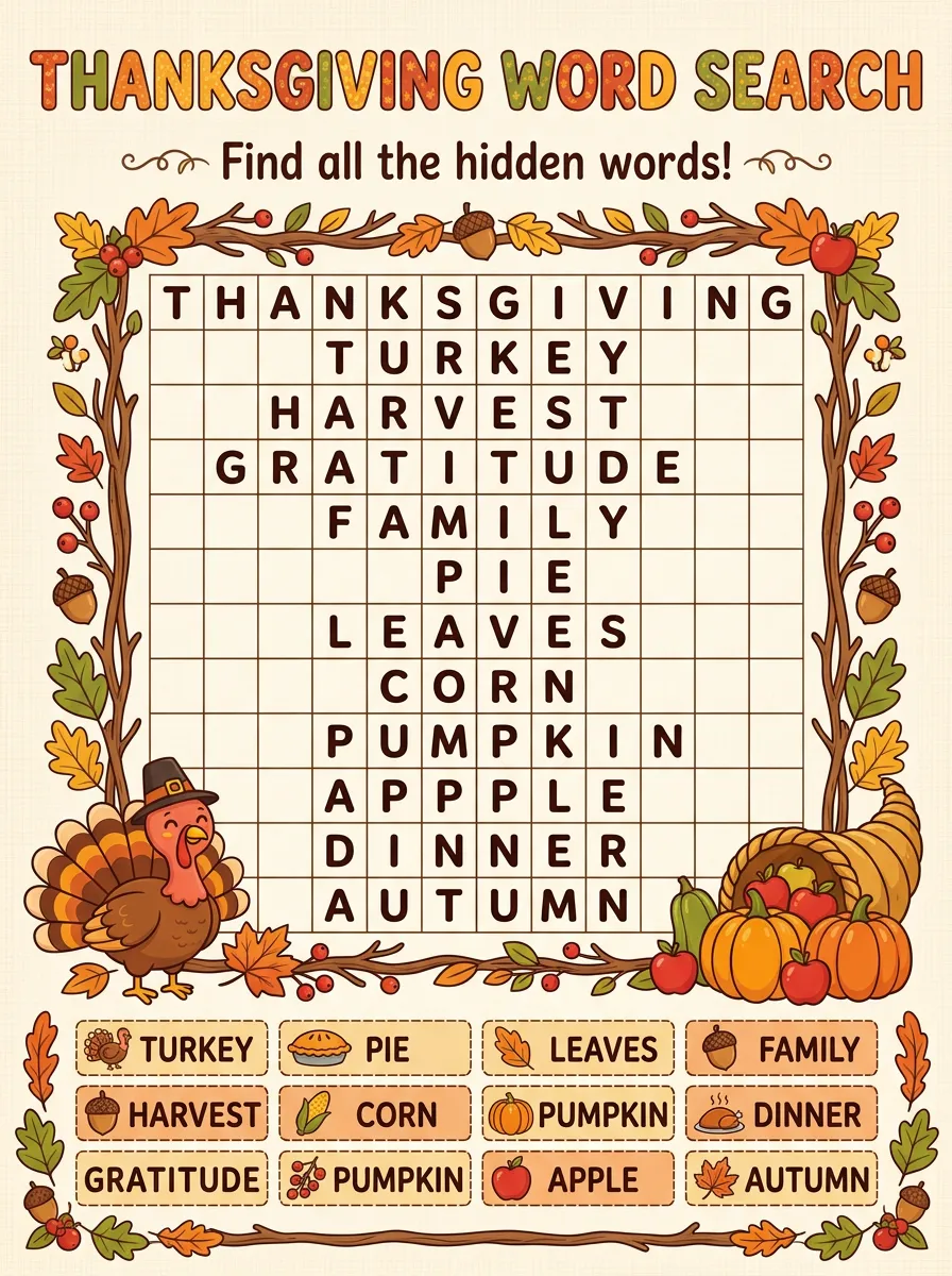Kids Family Thanksgiving Turkey Word Search Poster