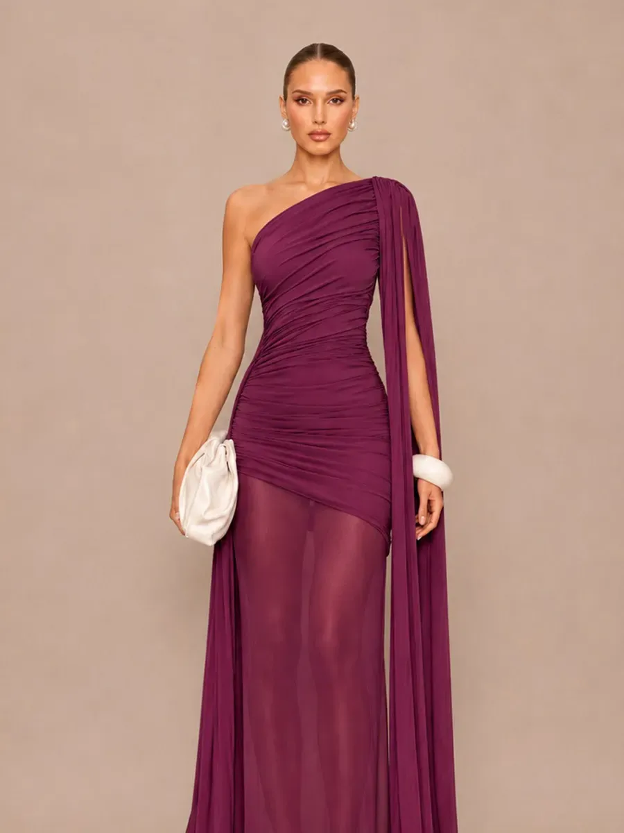 Isla One-Shoulder Cape Maxi Dress with Mesh Paneling