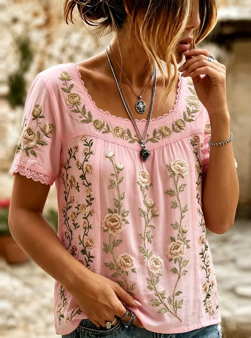 Women's Boho Floral Embroidered Vintage Style Printed T-shirt