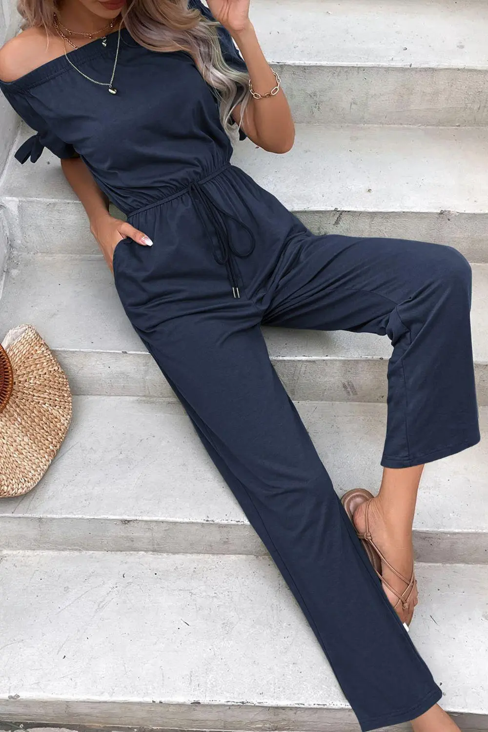 Shoulder Tie Cuff Pockets Jumpsuit