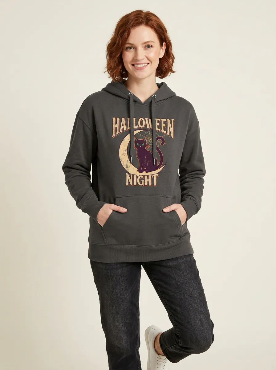 Women's Halloween Night Black Cat Moon Printed Hoodie