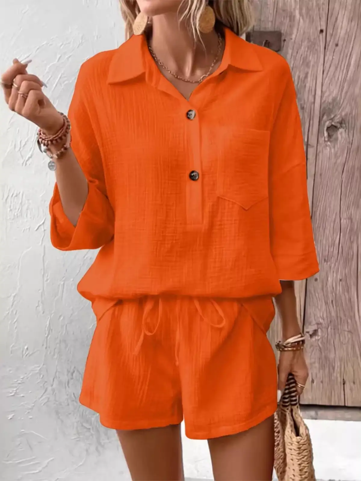 Button-Detail Pocketed Cotton Top and Shorts Matching Set