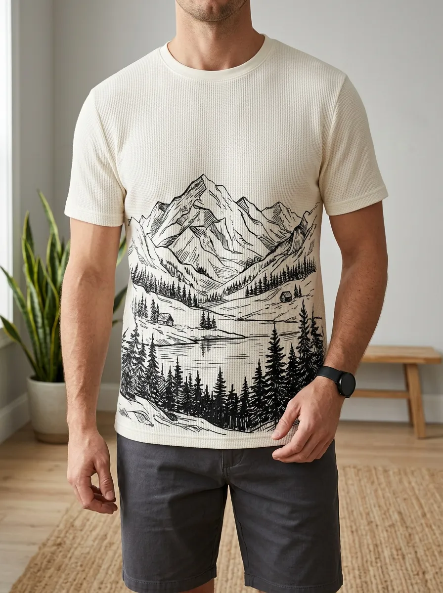 Men's Mountain Forest Landscape Waffle Knit Crew Neck T-Shirt