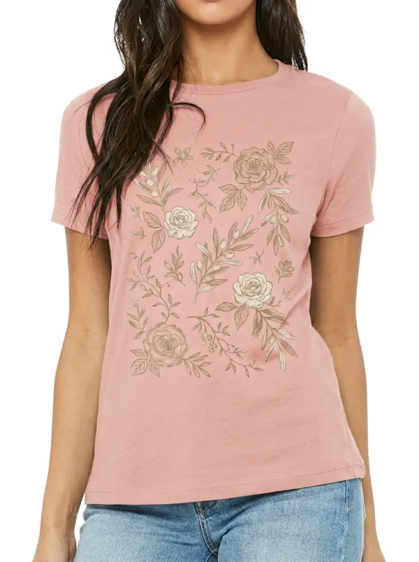Women's Botanical Floral Rose Olive Branch Printed T-shirt