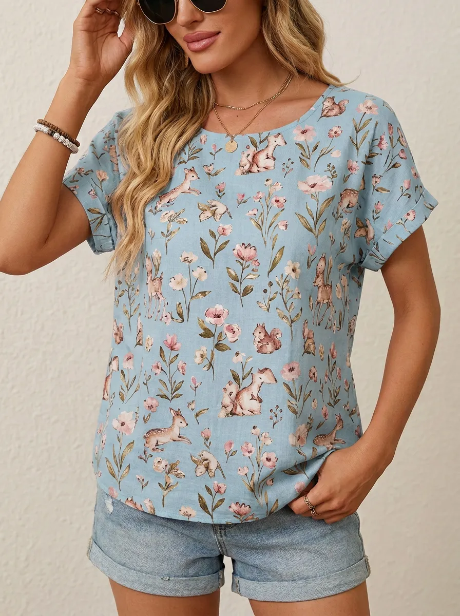 Deer Squirrel Floral Women's Loose Printed T-Shirt