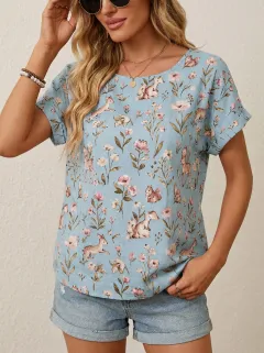 Deer Squirrel Floral Women's Loose Printed T-Shirt