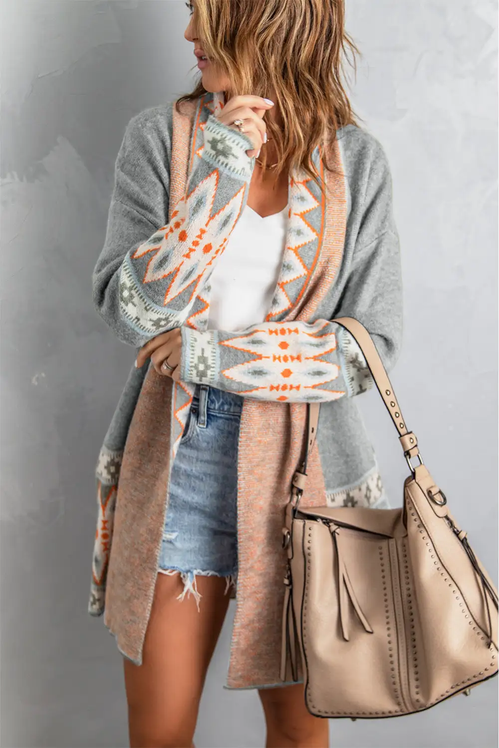 Print Open Front Knit Long Sleeve Cardigan
