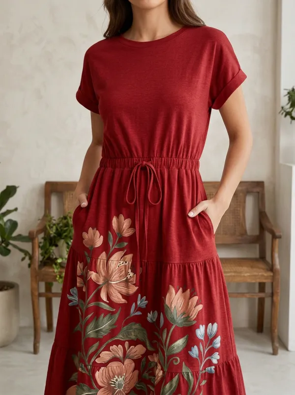 Women's Botanical Floral Art Printed Midi Dress