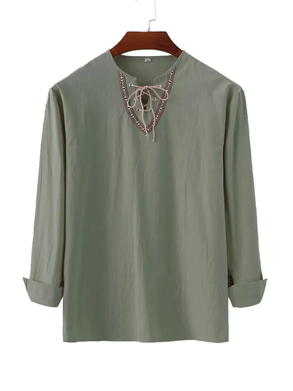 Men's Linen Tunic Shirt With Lacing And Ethnic Border
