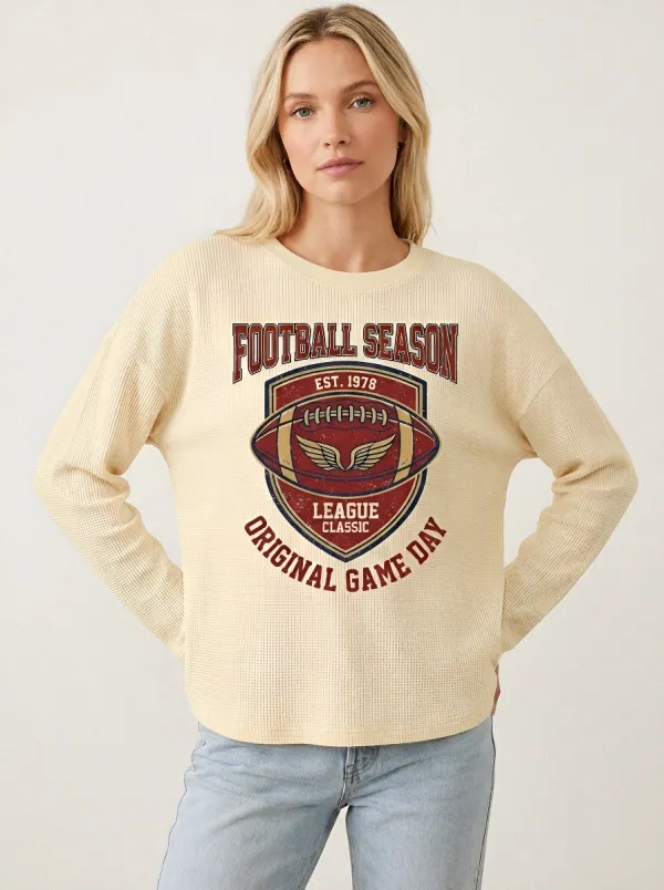 Women's Football Season Vintage Shield Printed Waffle T-Shirt