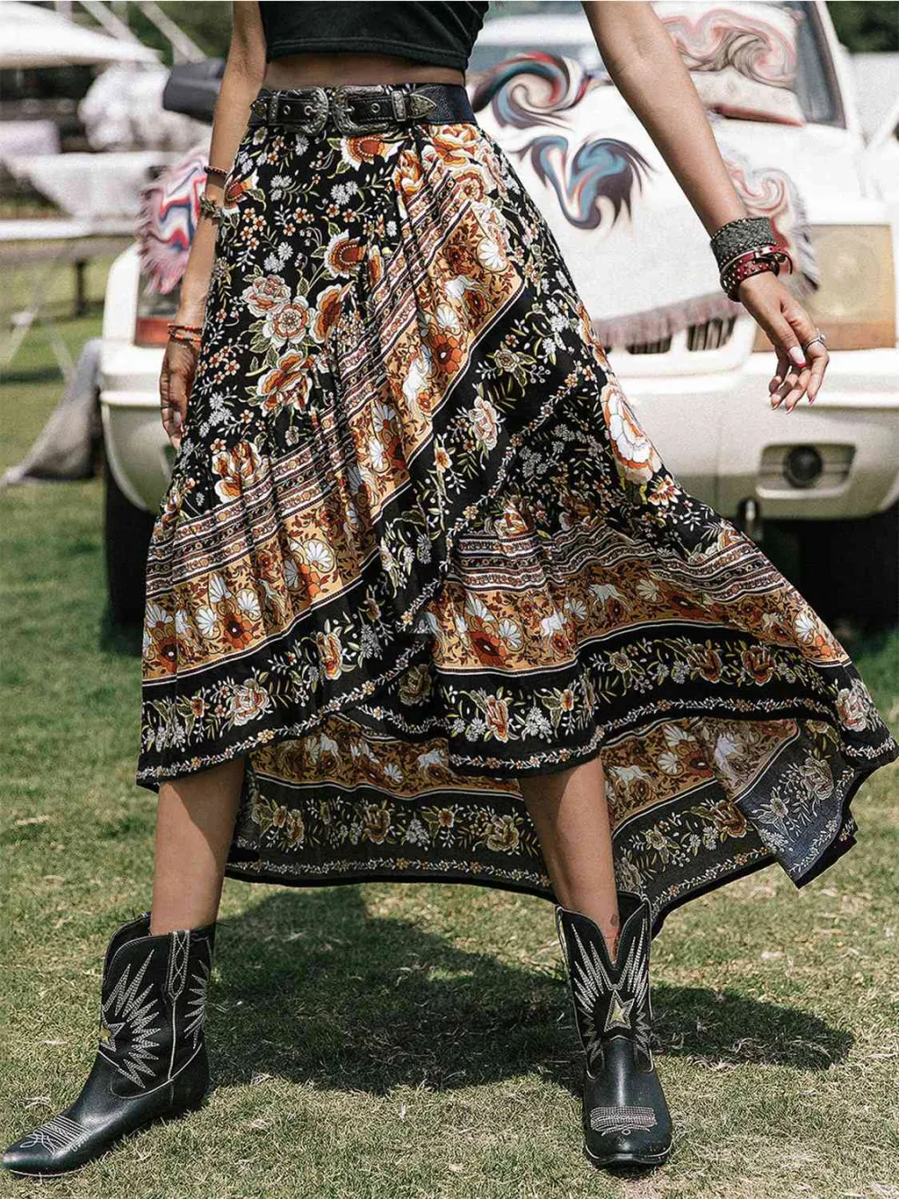 Printed High Low Ruffle Skirt