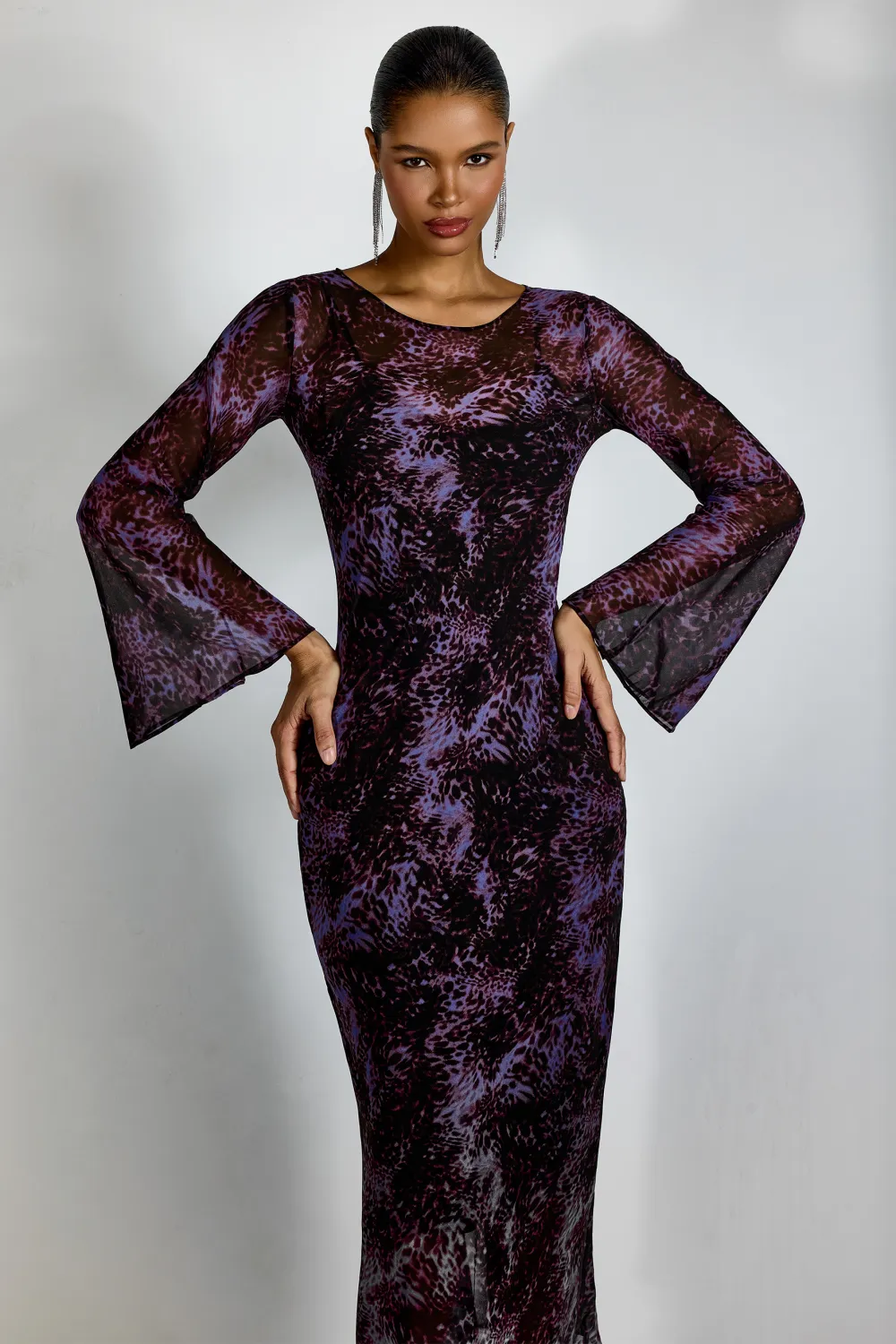 Phoebe Leopard Print Flare Cuffs Maxi Dress