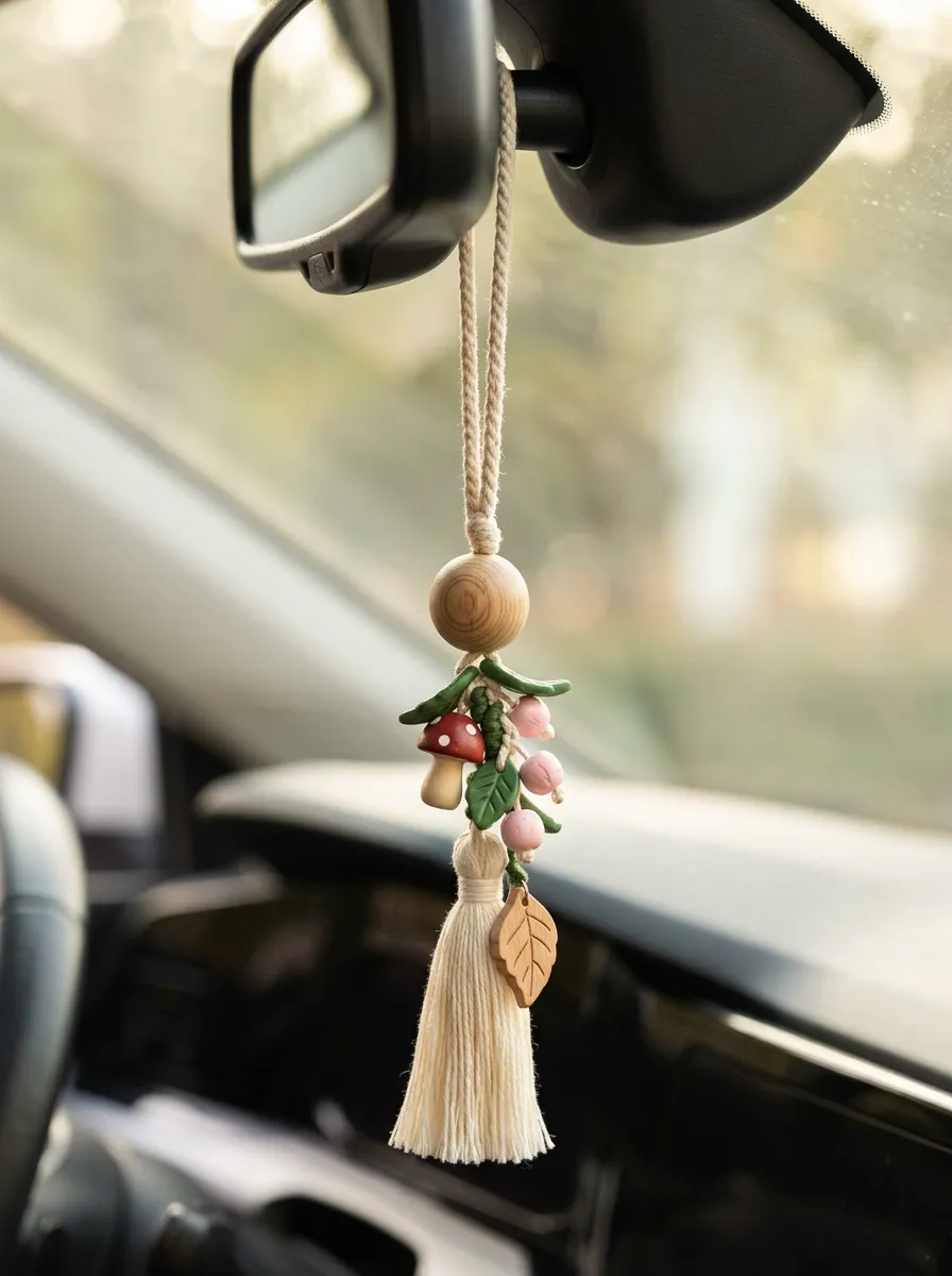 Tassel Mushroom Leaf Rearview Mirror Hanging Ornament
