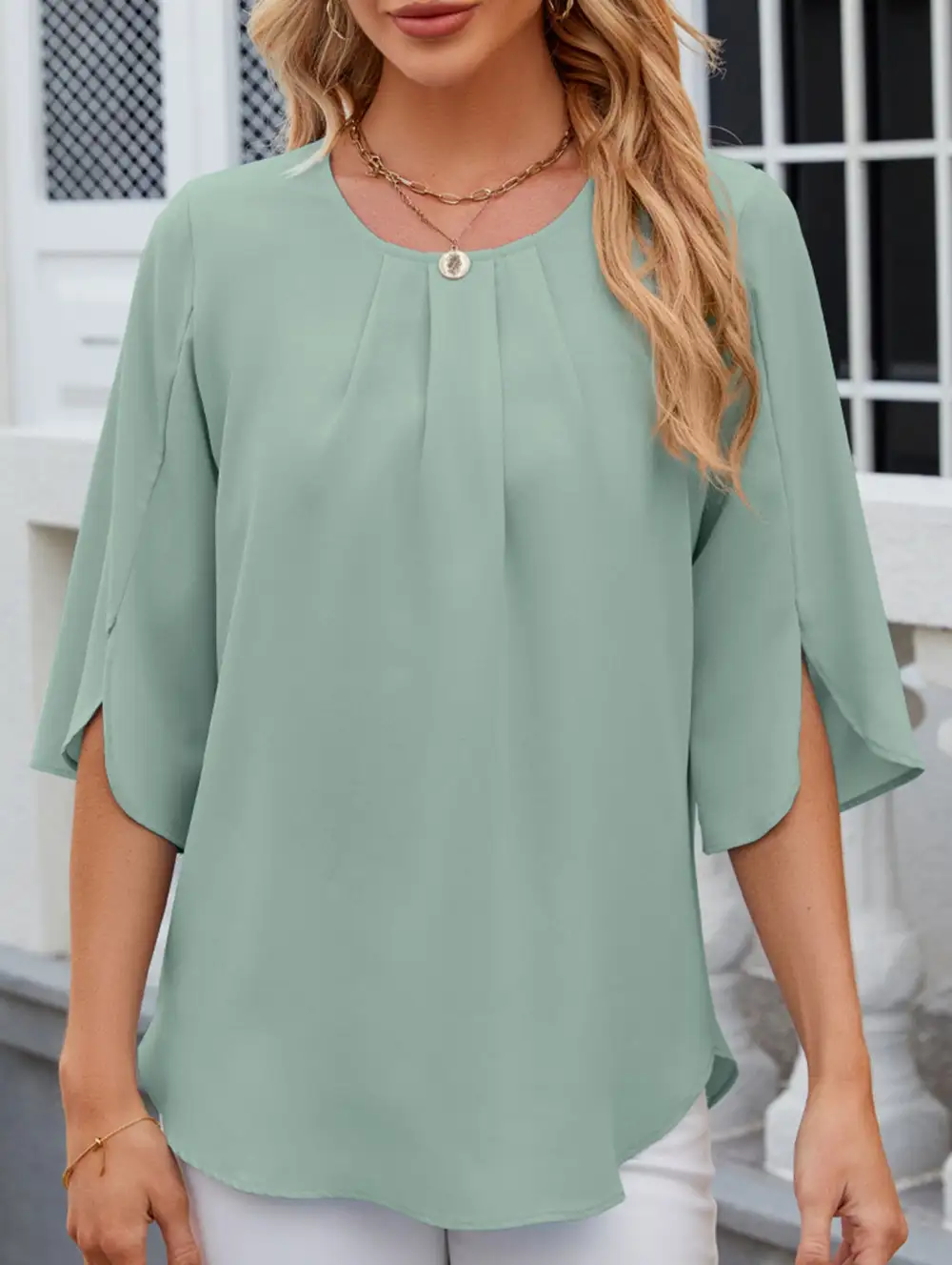 Chiffon Crew Neck Half Sleeve Blouse