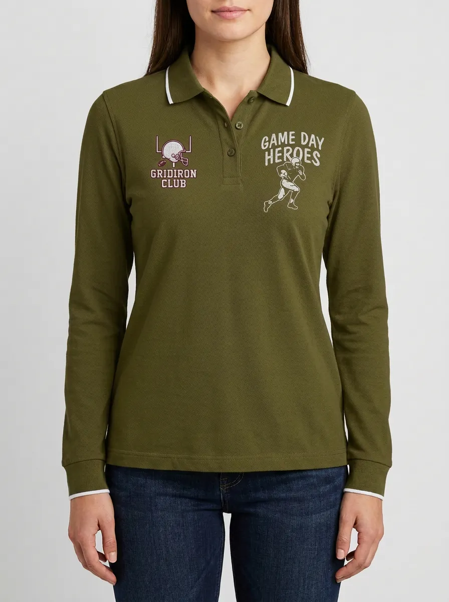 Women's Football Fan Gridiron Club Game Day Heroes Graphic Long Sleeve Polo Shirt
